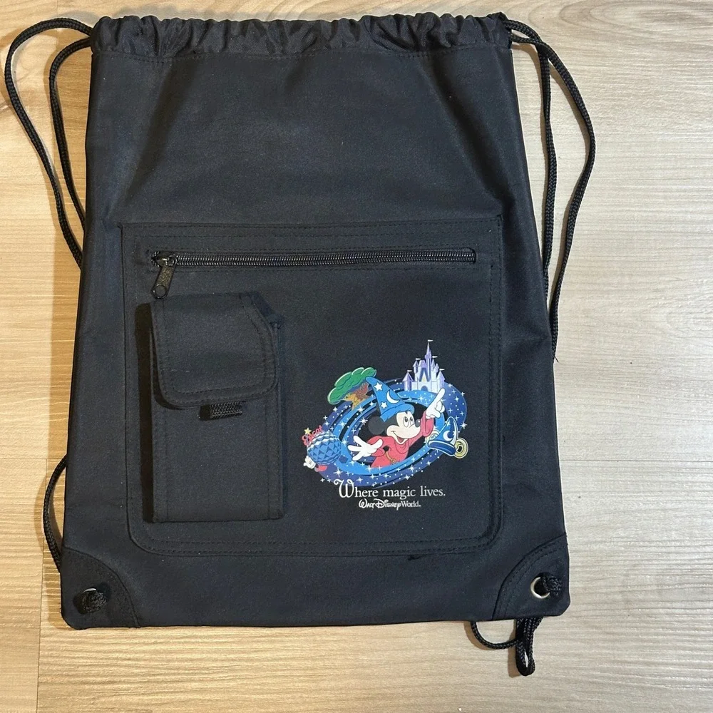 Disney World Mickey Mouse Sorcerer Magic Drawstring‎ Backpack Black Stash Bag
